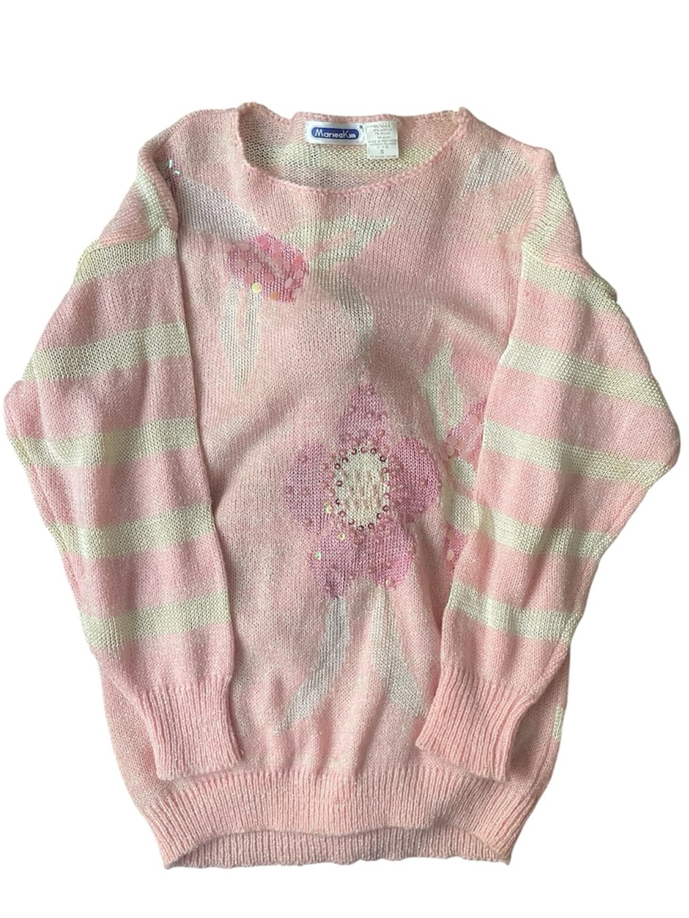 VTG 80s Mariea Kim Sequin Floral Striped Oversized Sweater Cottagecore Womens S